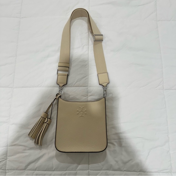 Tory Burch Thea Mini Web Shoulder Bag Cream Crossbody pebbled Leather. Designer - Picture 3 of 13